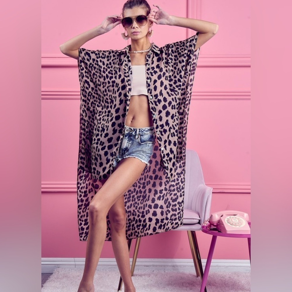 BiBi Leopard Print Chiffon Tunic Dress Small Button Down Dolman Sleeve